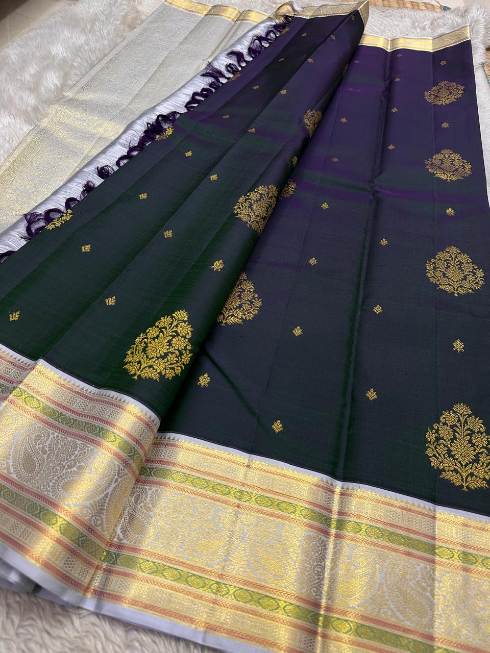 Dual-Tone Peacock Green-Purple Kanjivaram Silk Saree.